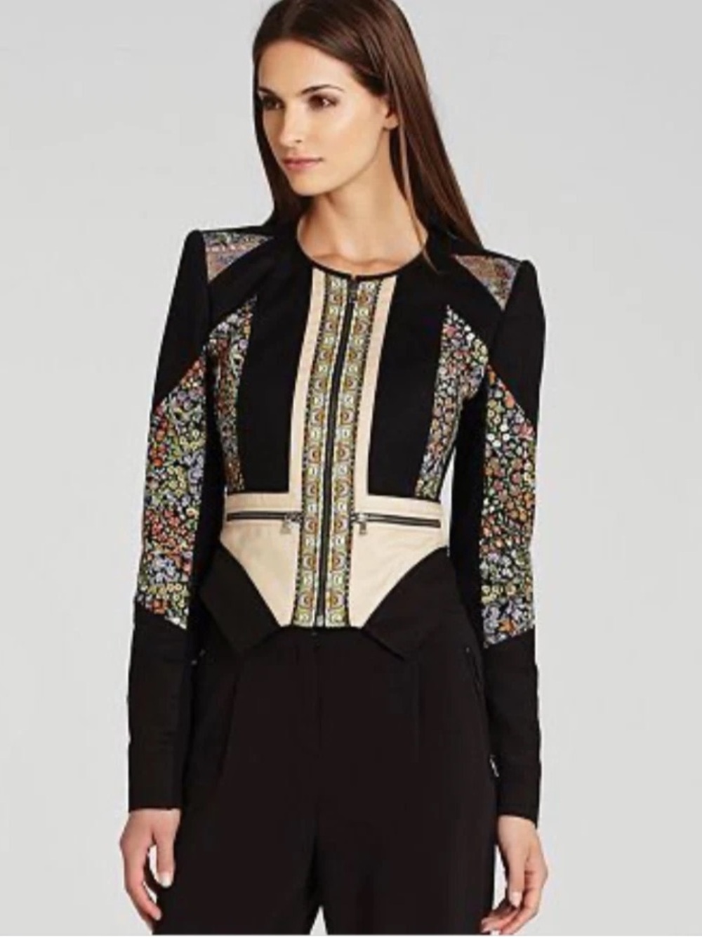 BCBGMaxAzria Black Jacket with Floral Panels and Cream Trim